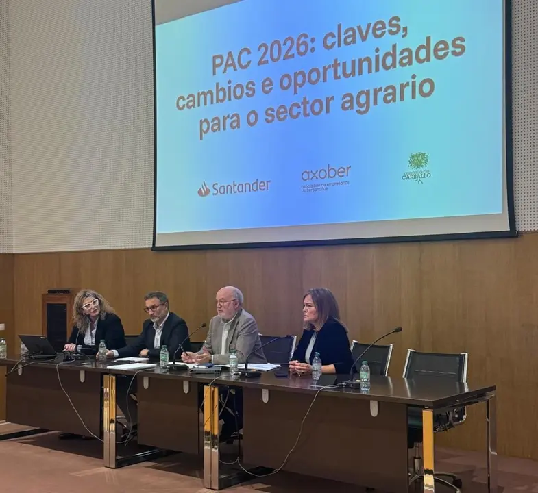 Juan Jos&eacute; Cervi&ntilde;o, durante la presentaci&oacute;n de la conferencia sobre la PAC 2026 organizada por Banco Santander y la Asociaci&oacute;n de J&oacute;venes Empresarios de Berganti&ntilde;os en Carballo.
