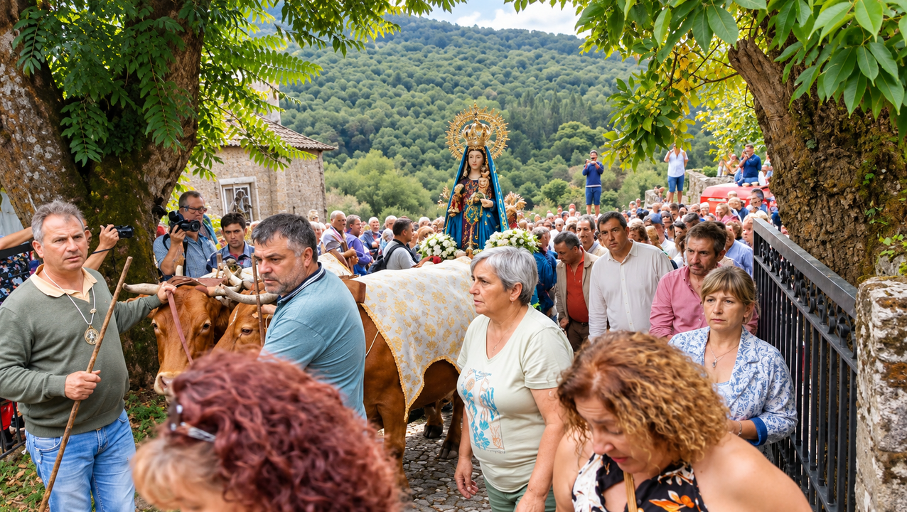 Nuestra Se&ntilde;ora de A Franqueira avanza en su tradicional carro tirado por bueyes, acompa&ntilde;ada por los fieles durante la procesi&oacute;n del 8 de septiembre, en una de las estampas m&aacute;s emblem&aacute;ticas de esta hist&oacute;rica romer&iacute;a mariana.