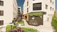 Recreaci&oacute;n del entorno de la nueva promoci&oacute;n de viviendas en alquiler en Antonio Palacios&ndash;Avenida de Galicia, con el acceso al futuro local municipal destinado a Servicios Sociales integrado en el conjunto residencial.