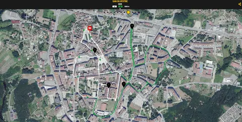 Plano del recorrido de la San Silvestre Solidaria de Ponteareas, con salida y llegada en la Praza Maior.