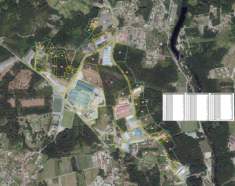 Plano del sector industrial IND-01 A Lomba en Ponteareas, con la delimitaci&oacute;n de parcelas y la nueva ordenaci&oacute;n urban&iacute;stica prevista.