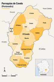 Mapa de las parroquias del municipio de Covelo, en el que se aprecia la diferenciaci&oacute;n territorial entre O Covelo y Covelo (Santa Mari&ntilde;a), adem&aacute;s de Santiago de Covelo, tres denominaciones que pueden dar lugar a confusi&oacute;n.