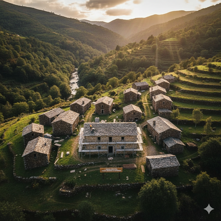 Vista aérea do edifício B1 da Branda Científica de S. Bento do Cando, em Arcos de Valdevez, atualmente em requalificação para se tornar uma residência para estudantes e investigadores.