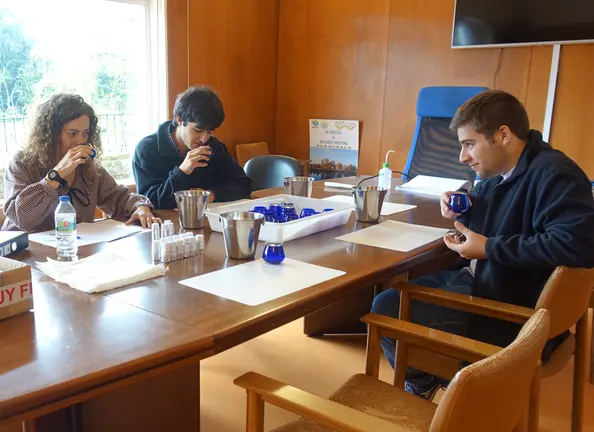 El equipo del IES O Ribeiro realiza la cata técnica de los primeros aceites elaborados con variedades autóctonas gallegas en los laboratorios de la Misión Biológica de Galicia.