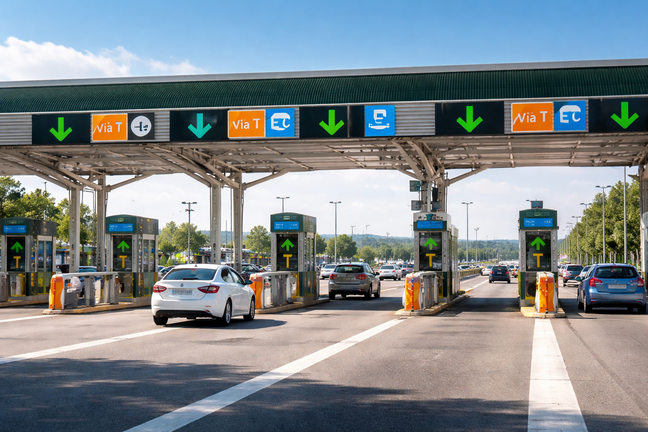 Peaje de autopista con varias v&iacute;as de cobro, s&iacute;mbolo del debate sobre los importes abonados por los usuarios durante las obras y la reclamaci&oacute;n de su devoluci&oacute;n.