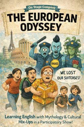 Ilustraci&oacute;n inspirada en The European Odyssey, la propuesta teatral participativa de On Stage Company que combina aprendizaje de ingl&eacute;s, humor y referencias a la mitolog&iacute;a cl&aacute;sica a trav&eacute;s de un viaje por Europa lleno de situaciones inesperadas. INFOGRAF&Iacute;A DL-G.