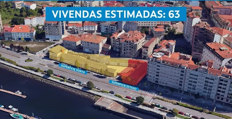 Vista a&eacute;rea de los terrenos del parque de maquinaria de la AXI en la avenida de Uruguay, en Pontevedra, donde la Xunta prev&eacute; construir 63 nuevas viviendas p&uacute;blicas tras la segregaci&oacute;n de las parcelas compartidas con el Estado.