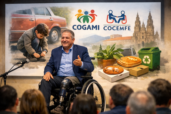 Anxo Queiruga durante o faladoiro celebrado no Colexio Maior La Estila, no que relatou a s&uacute;a traxectoria persoal e o traballo de COGAMI pola inclusi&oacute;n das persoas con discapacidade.