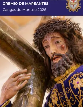 Imagen de la portada del &ldquo;Libro de Irm&aacute;ns&rdquo; 2026, con una talla de Cristo cargando la cruz, una de las escenas m&aacute;s representativas de la Semana Santa de Cangas.