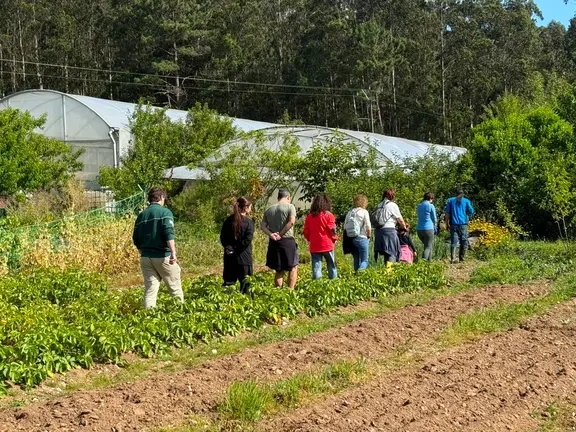 Participantes nunha visita &aacute; horta ecol&oacute;xica de Chema, unha das actividades que permitiu descubrir os oficios e produtos vinculados ao territorio do Xeoparque Cabo Ortegal.
