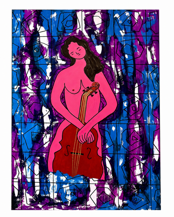 Obra Musicolox&iacute;a, de Xulio Fontes, unha das pezas da exposici&oacute;n Mulleres, na que o artista combina cor, figura feminina e linguaxe musical nun soporte de forte expresividade visual.