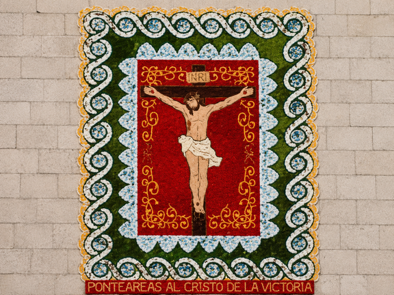 Alfombra floral realizada por la Asociaci&oacute;n de Alfombristas do Corpus Christi de Ponteareas en honor al Cristo de la Victoria, en una edici&oacute;n anterior de la solemne procesi&oacute;n viguesa.