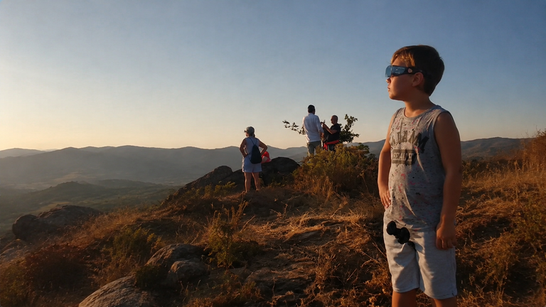 Un ni&ntilde;o observa el eclipse con gafas homologadas desde el Coto de Aldiri, donde el descenso de la temperatura, la transformaci&oacute;n de la luz y el silencio de la naturaleza envolvieron la monta&ntilde;a en una atm&oacute;sfera sobrecogedora.