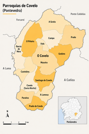 Mapa de las parroquias del municipio de Covelo, en el que se aprecia la diferenciaci&oacute;n territorial entre O Covelo y Covelo (Santa Mari&ntilde;a), adem&aacute;s de Santiago de Covelo, tres denominaciones que pueden dar lugar a confusi&oacute;n.