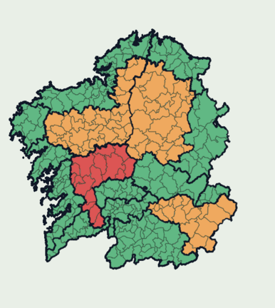 Mapa de alertas por altas temperaturas para este jueves en Galicia. El interior de la provincia de Pontevedra, se&ntilde;alado en rojo, ser&aacute; la &uacute;nica zona de la comunidad en nivel 3 de alerta, el m&aacute;ximo establecido por riesgo para la salud.