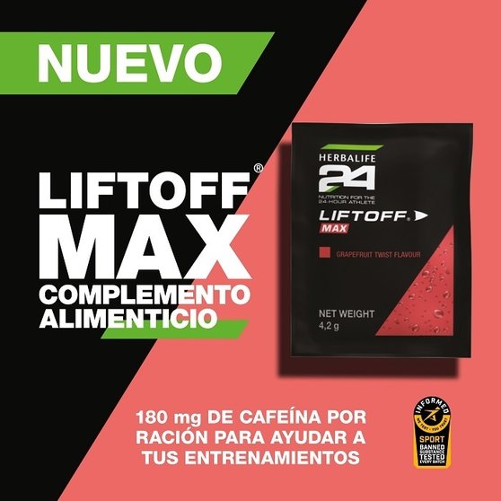 LiftOff Max es un complemento alimenticio energético con sabor a pomelo y un alto contenido en vitaminas. Con solo 13 kcal y 180 mg de cafeína por ración, aporta la energía necesaria para afrontar un entrenamiento deportivo o sentirse activo de nuevo. 