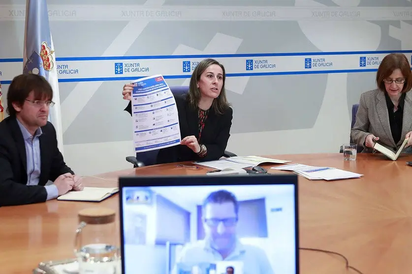 La conselleira de Infraestructuras y Movilidad, Ethel Vázquez, junto con la directora del ISSGA, mantuvo hoy una reunión por videoconferencia con miembros de la Asociación Gallega de Empresas de Ingeniería, Consultoría y Servicios Tecnológicos.