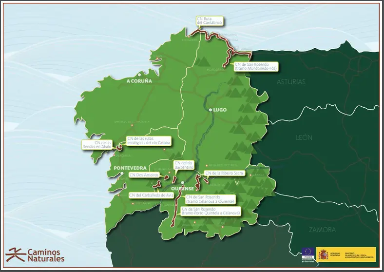 A diversidade das rutas galegas vai dente as más curtas, no río Catoira, ata as máis longas con sete etapas entre Ribadeo e Ortigueira.