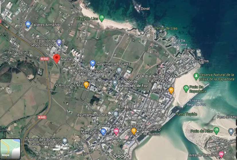 Vista satélite del municipio de Foz, Lugo. 