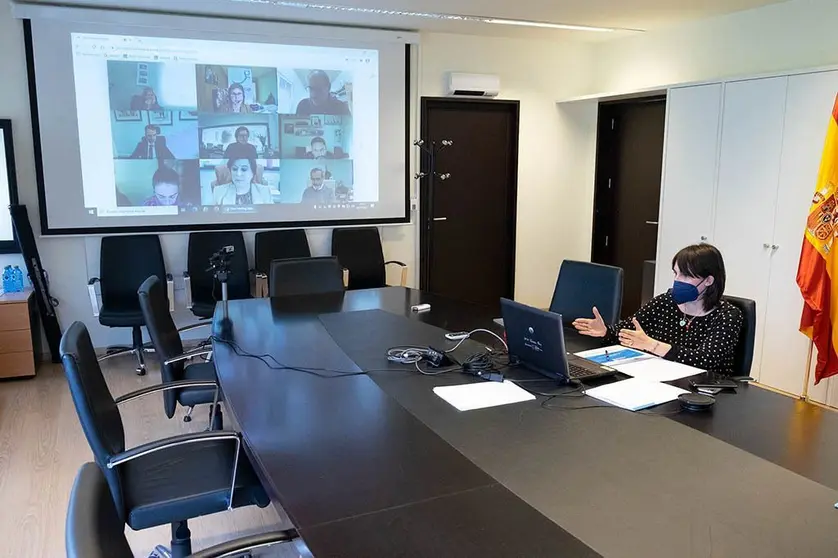 A conselleira de Emprego e Igualdade, María Jesús Lorenzana, preside por videoconferencia a Mesa do Emprego Autónomo.