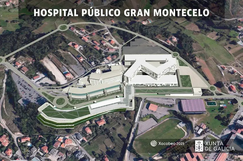 A zona de basamento distribuirase en dous edificios de 5 plantas, un dianteiro para as consultas externas e outro atr&aacute;s para as urxencias e o bloque cir&uacute;rxico, sobre os que se elevar&aacute; un terceiro edificio que albergar&aacute; a &aacute;rea de hospitalizaci&oacute;n.