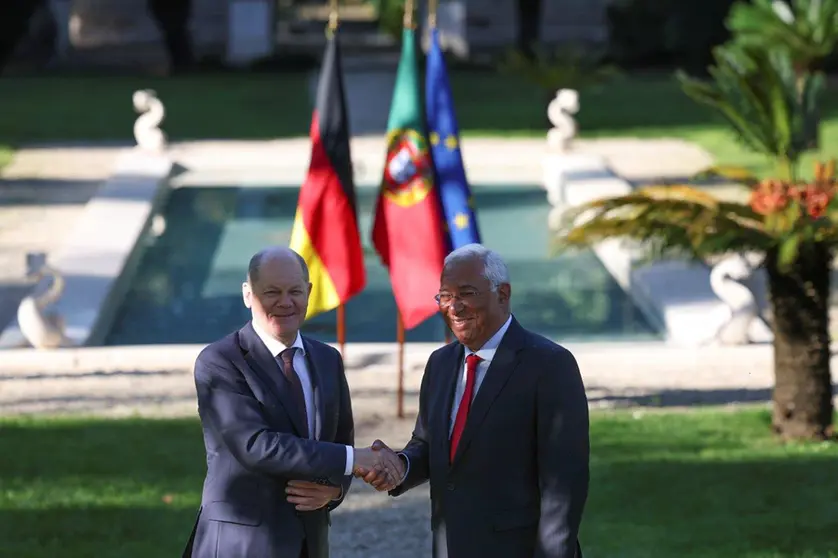 Primeiro-Ministro Ant&oacute;nio Costal e Chanceler federal da Alemanha Olaf Sholz fazem declara&ccedil;&atilde;o p&uacute;blica, Lisboa.