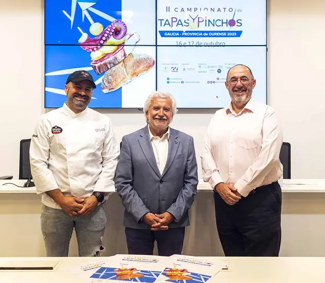 Presentación do II Campionato de "Tapas e Pintxos" organizado pola "Academia de la Tapa y el Pintxo". Participan Rosendo Fernández, presidente do INRODE, Mikel Martínez Ridao, presidente da Academia e Gerson Iglesias, presidente da Asociación Cociña Ourense.
