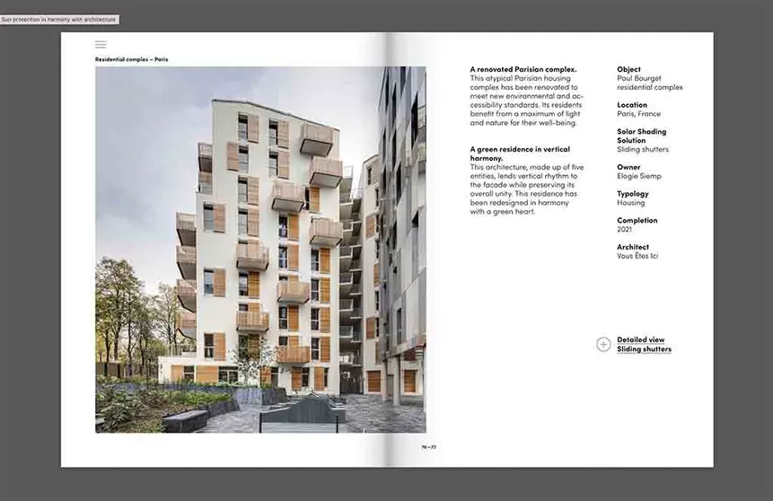 Obra de consulta con un gran número de proyectos de arquitectura de toda Europa en los que se utilizan productos del fabricante suizo de sistemas de control solar.