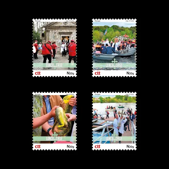 Quatro selos ilustrando a singular e secular tradição transfronteiriça do Lanço da Cruz, candidato a Património Cultural Imaterial de Portugal.
