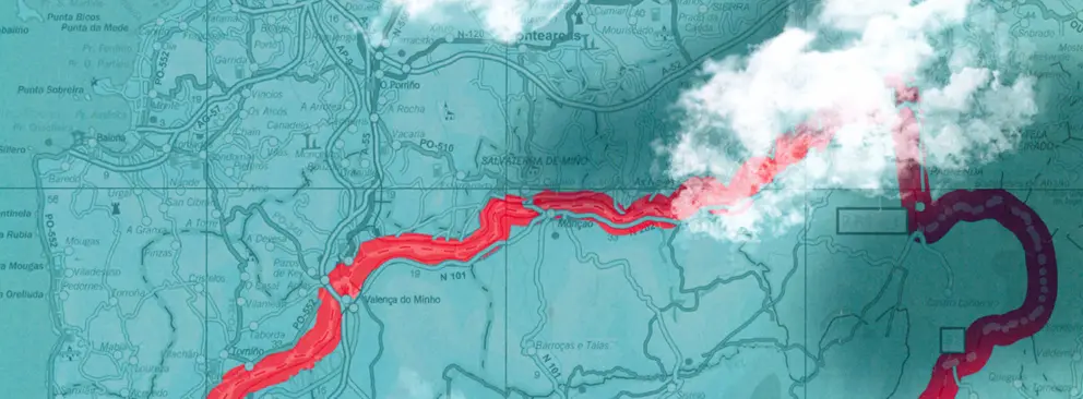 Detalle cartográfico de la exposición «Cartografía de A Raia». Esta curva de nivel ilustra el meticuloso trabajo del Ejército para delimitar la frontera a lo largo del Miño, vital para la historia de A Guarda.
