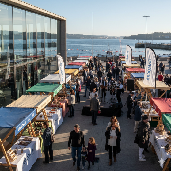 Un vibrante ambiente festivo habrá en la Lonxa de Canido (Vigo) durante la Feira #ESDOMAR, que reúne a diversas entidades de la economía social con puestos, música y gastronomía junto al mar.