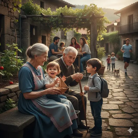 A ponte entre xeracións: risas, aprendizaxes e a sabedoría do camiño percorrido. Un instante que nos lembra a riqueza da convivencia interxeracional nun pobo galego.