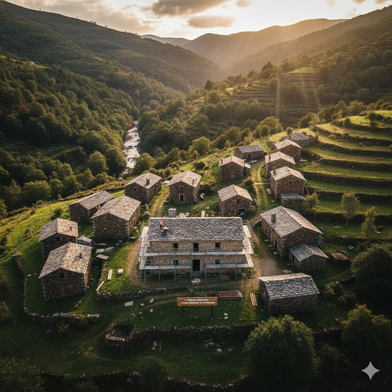 Vista aérea do edifício B1 da Branda Científica de S. Bento do Cando, em Arcos de Valdevez, atualmente em requalificação para se tornar uma residência para estudantes e investigadores.