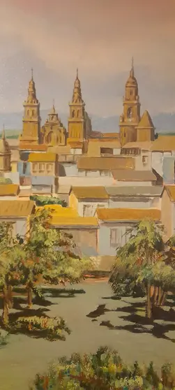 Obra de Abel Barandela realizada con su técnica de enopintura, donde el Camino de Santiago cobra forma a través de los matices del vino.