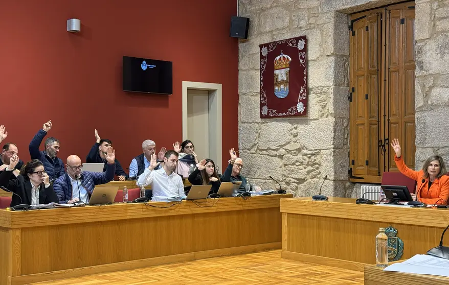 Los concejales levantan los brazos durante la votación del presupuesto en la sesión plenaria.