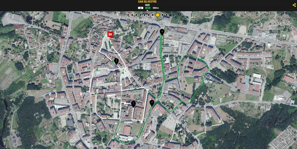 Plano del recorrido de la San Silvestre Solidaria de Ponteareas, con salida y llegada en la Praza Maior.