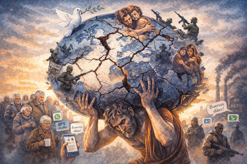 Un Atlas cotidiano sostiene un mundo agrietado por guerras y dolores, mientras la paz &mdash;fr&aacute;gil pero persistente&mdash; planea como una paloma sobre el esfuerzo diario de seguir adelante.