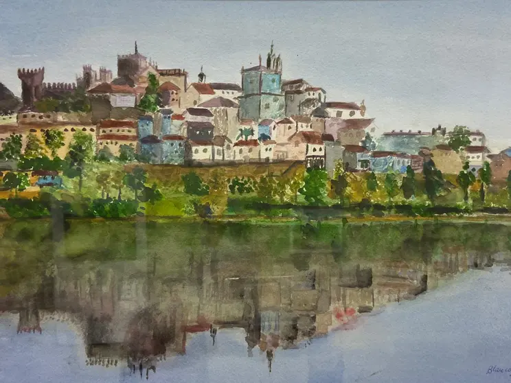 Vista acuarelada de Tui reflectida nas augas do r&iacute;o Mi&ntilde;o, unha das paisaxes presentes na exposici&oacute;n Acuarelas de Jos&eacute; Jes&uacute;s Blanco P&eacute;rez, na que o autor recrea lugares vencellados &aacute; s&uacute;a memoria e &aacute; s&uacute;a traxectoria vital.