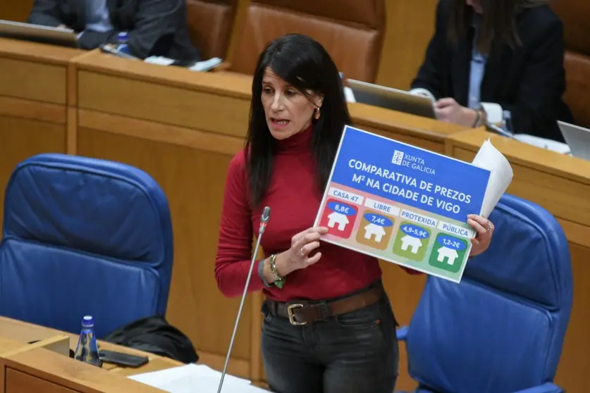 Mar&iacute;a Mart&iacute;nez Allegue, conselleira de Vivenda e Planificaci&oacute;n de Infraestruturas, durante a s&uacute;a intervenci&oacute;n no Parlamento de Galicia, onde criticou os prezos de alugueiro das vivendas ofertadas por Casa 47 en Vigo.