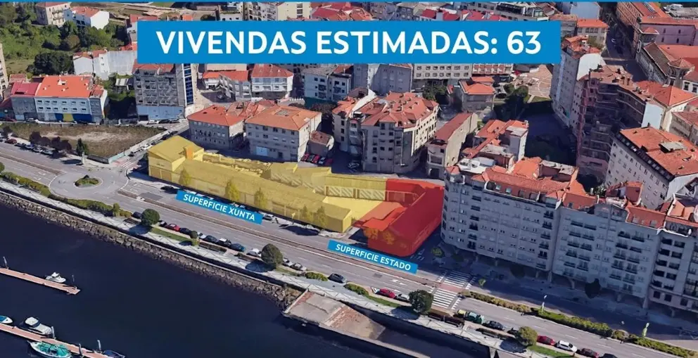 Vista a&eacute;rea de los terrenos del parque de maquinaria de la AXI en la avenida de Uruguay, en Pontevedra, donde la Xunta prev&eacute; construir 63 nuevas viviendas p&uacute;blicas tras la segregaci&oacute;n de las parcelas compartidas con el Estado.