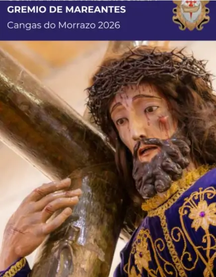 Imagen de la portada del &ldquo;Libro de Irm&aacute;ns&rdquo; 2026, con una talla de Cristo cargando la cruz, una de las escenas m&aacute;s representativas de la Semana Santa de Cangas.