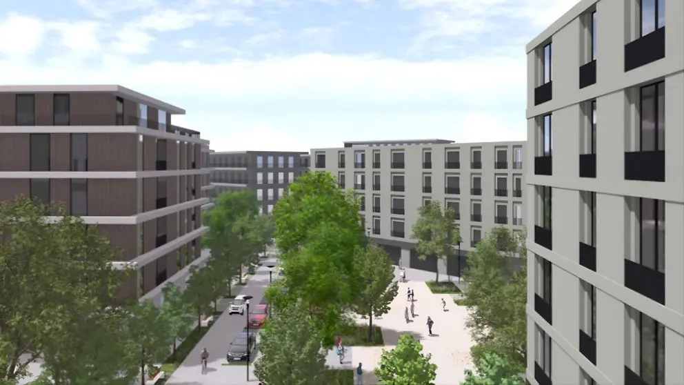 Recreaci&oacute;n virtual del futuro barrio de San Mauro, con viviendas y zonas verdes integradas en un entorno urbano sostenible.