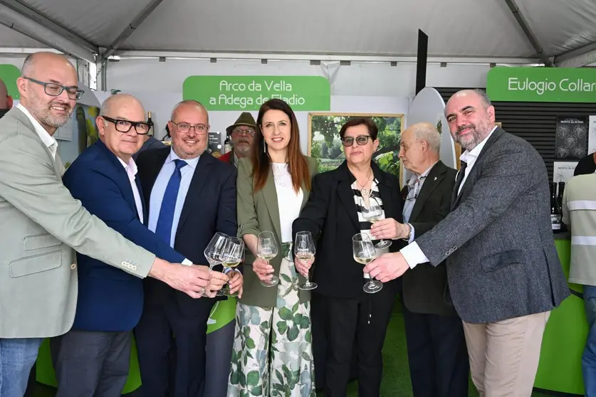 Autoridades y representantes del sector brindan en la inauguraci&oacute;n de la 63&ordf; Feria del Vino del Ribeiro en Ribadavia.