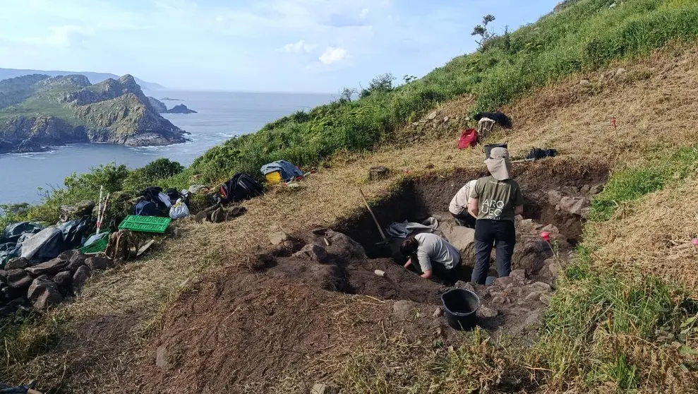 Integrantes del equipo investigador trabajan en uno de los sondeos realizados en el castro das Hortas, donde se localizaron restos de una gran vivienda castre&ntilde;a y abundante material cer&aacute;mico.