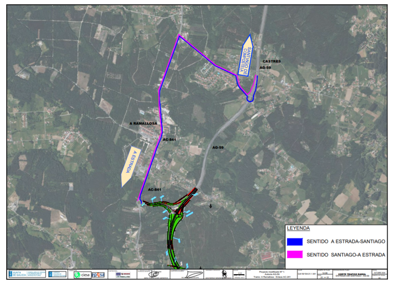 Plano de los desv&iacute;os habilitados durante el cierre del enlace de A Ramallosa en la AG-59, con circulaci&oacute;n alternativa por Os Verxeles mientras avanzan las obras de prolongaci&oacute;n de la autov&iacute;a hacia A Estrada.