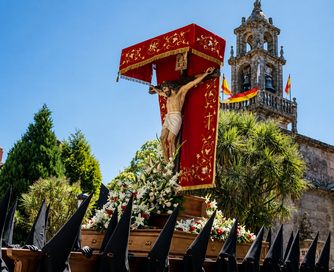 Festividade do Cristo da Agon&iacute;a en A Ca&ntilde;iza, coa imaxe procesional portada polos costaleiros diante da igrexa parroquial, nun dos actos relixiosos m&aacute;is emblem&aacute;ticos e multitudinarios das festas patronais. A. OTEIRELO.
