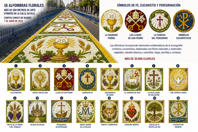 Los alfombristas de Ponteareas trasladar&aacute;n a Madrid una de las tradiciones m&aacute;s emblem&aacute;ticas de Galicia, con 16 grandes alfombras florales inspiradas en la Eucarist&iacute;a y la simbolog&iacute;a papal para el paso de la procesi&oacute;n del Corpus Christi durante la visita de Le&oacute;n XIV a Espa&ntilde;a. Departamento de Infograf&iacute;a DL-G.