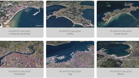 Esta recreación muestra, para un total de 62 puntos costeros de la península ibérica, la situación en el año 2020 y la estimación del terreno que quedaría por debajo del nivel del mar en el año 2100, según la interpretación de los estudios realizados por Climate Central.