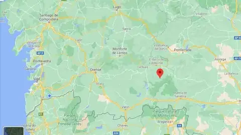 Situación de la aldea de Meixide en A Veiga, provincia de Ourense. 