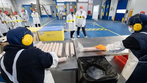 O presidente da Xunta, Alberto Núñez Feijóo, acompañado de la conselleira do Mar, Rosa Quintana, visita las nuevas instalaciones de la empresa Iberconsa Seafood Processing. Bouzas (Vigo), 